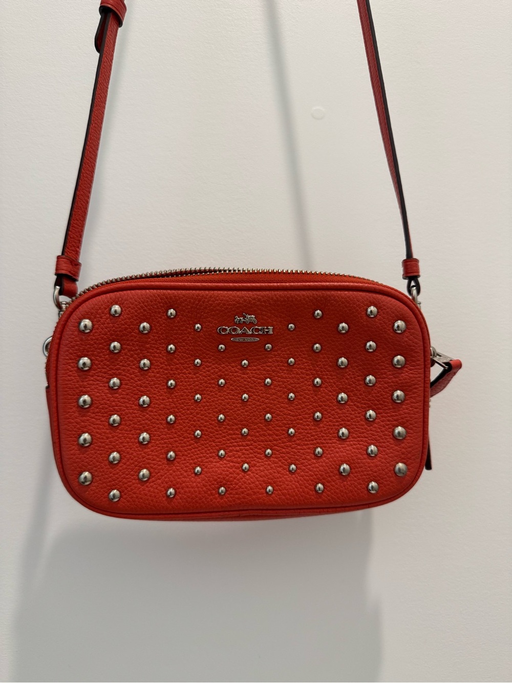 Coach Orange Studded Cross-body Bag in Pebbled Leather with Silver Rivets